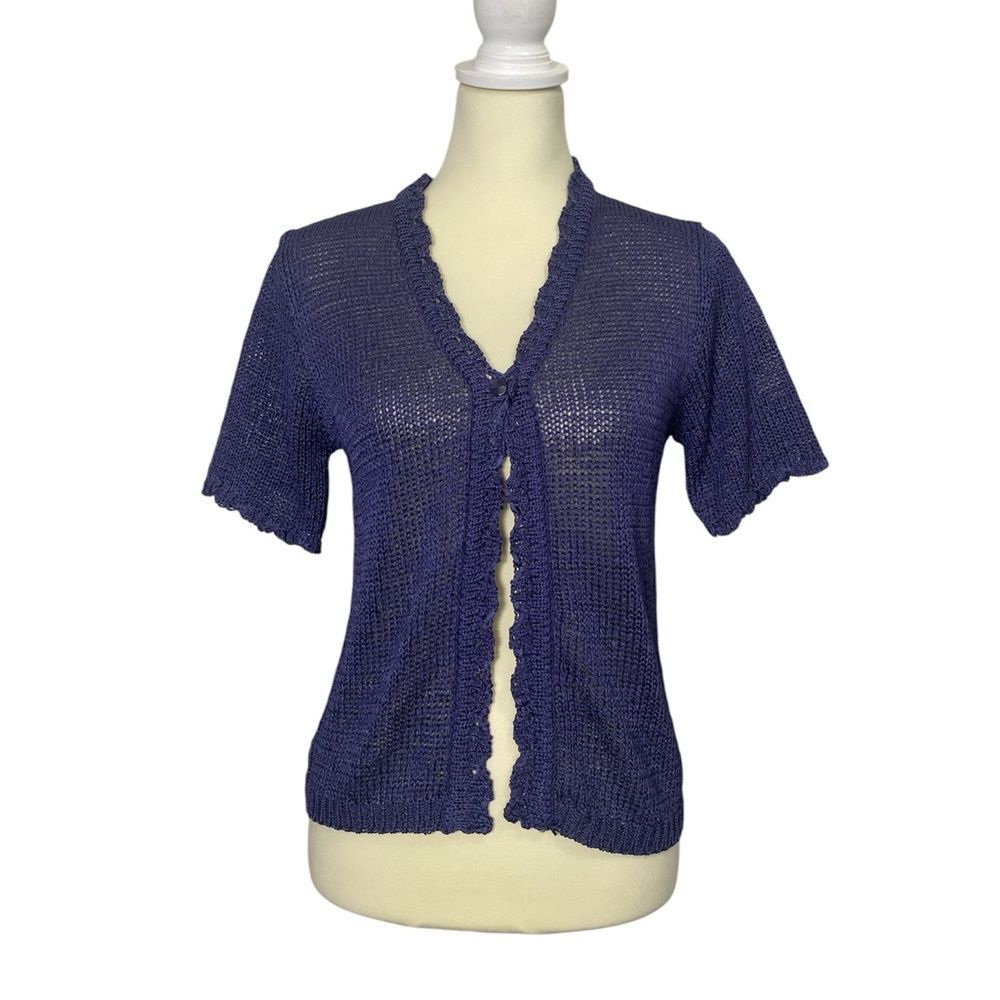 Vintage Sag Harbor Petite Purple Open Knit Crochet Cardigan Short Sleeve Cottage - Picture 1 of 12
